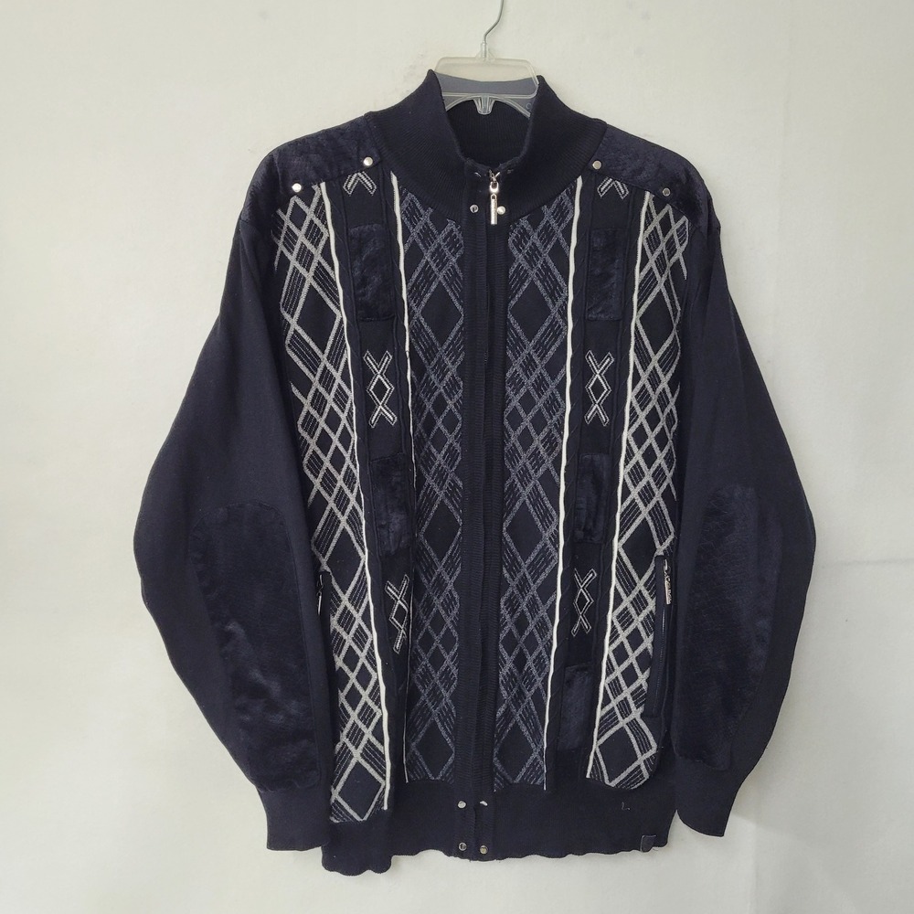 SilverSilk Mens‎ Knit Cardigan Black Diamond Pattern Full Zip Pocket Sweater XXL